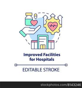 Improved facilities for hospitals concept icon. Way to healthcare system redesign abstract idea thin line illustration. Isolated outline drawing. Editable stroke. Arial, Myriad Pro-Bold fonts used. Improved facilities for hospitals concept icon