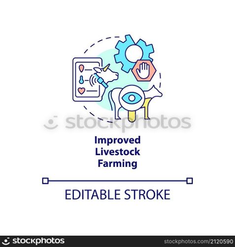 Improved livestock farming concept icon. Smart agriculture benefit abstract idea thin line illustration. Isolated outline drawing. Editable stroke. Roboto-Medium, Myriad Pro-Bold fonts used. Improved livestock farming concept icon
