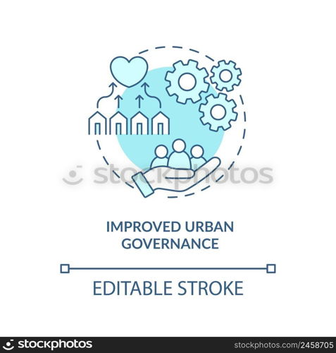 Improved urban governance turquoise concept icon. Urban development principle abstract idea thin line illustration. Isolated outline drawing. Editable stroke. Arial, Myriad Pro-Bold fonts used. Improved urban governance turquoise concept icon