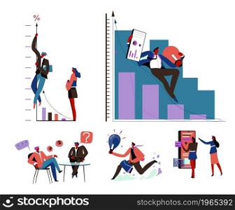 Improvement and development in business, people with analysis and charts with statistics. Director and secretary with documents, creative ideas and teamwork in unity. Vector in flat style illustration. Business and growth, development and improvement