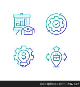 Improvement business process gradient linear vector icons set. Career growth. Automated manufacturing. Thin line contour symbol designs bundle. Isolated outline illustrations collection. Improvement business process gradient linear vector icons set