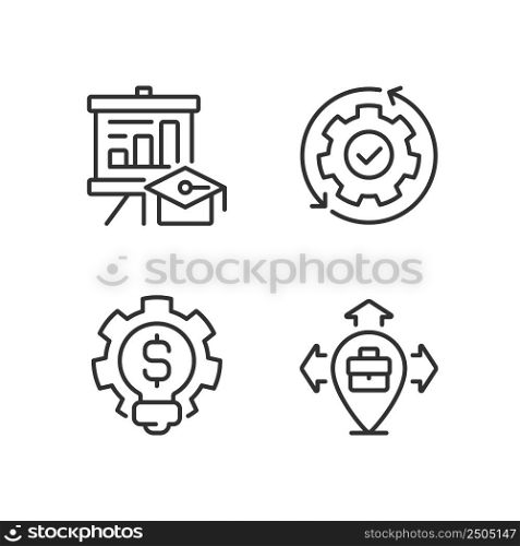Improvement business process pixel perfect linear icons set. Career growth. Customizable thin line symbols. Isolated vector outline illustrations. Editable stroke. Montserrat Bold, Light fonts used. Improvement business process pixel perfect linear icons set