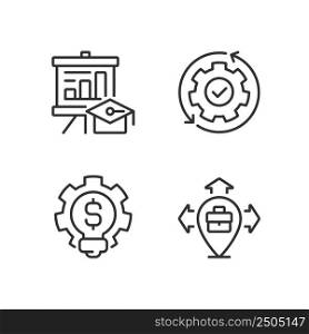 Improvement business process pixel perfect linear icons set. Career growth. Customizable thin line symbols. Isolated vector outline illustrations. Editable stroke. Montserrat Bold, Light fonts used. Improvement business process pixel perfect linear icons set