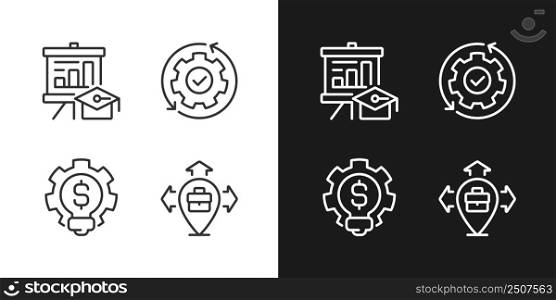 Improvement business process pixel perfect linear icons set for dark, light mode. Thin line symbols for night, day theme. Isolated illustrations. Editable stroke. Montserrat Bold, Light fonts used. Improvement business process pixel perfect linear icons set for dark, light mode