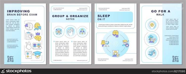 Improving brain before exam blue brochure template. Effective study. Leaflet design with linear icons. Editable 4 vector layouts for presentation, annual reports. Arial, Myriad Pro-Regular fonts used. Improving brain before exam blue brochure template