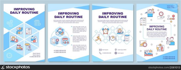 Improving daily routine blue brochure template. Life balance. Booklet print design with linear icons. Vector layouts for presentation, annual reports, ads. Arial-Black, Myriad Pro-Regular fonts used. Improving daily routine blue brochure template