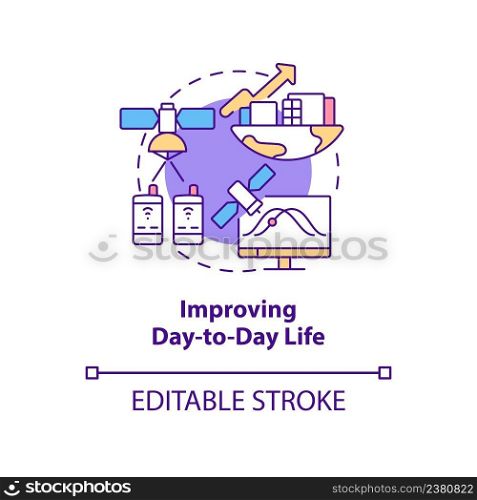 Improving day to day life concept icon. Space exploration benefit abstract idea thin line illustration. Isolated outline drawing. Editable stroke. Arial, Myriad Pro-Bold fonts used. Improving day to day life concept icon