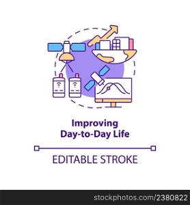 Improving day to day life concept icon. Space exploration benefit abstract idea thin line illustration. Isolated outline drawing. Editable stroke. Arial, Myriad Pro-Bold fonts used. Improving day to day life concept icon