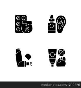 Improving disease symptoms black glyph icons set on white space. Effervescent tablets. Antifungal cream. Ear drops. Preventing asthma attacks. Silhouette symbols. Vector isolated illustration. Improving disease symptoms black glyph icons set on white space