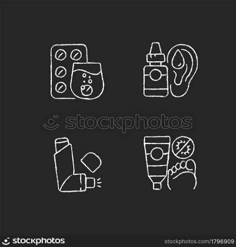 Improving disease symptoms chalk white icons set on dark background. Effervescent tablets. Antifungal cream. Ear drops. Preventing asthma attacks. Isolated vector chalkboard illustrations on black. Improving disease symptoms chalk white icons set on dark background