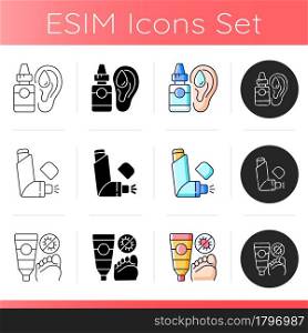 Improving disease symptoms icons set. Ear drops. Preventing asthma attacks. Fighting fungal infections. Earwax removing. Inhaler. Linear, black and RGB color styles. Isolated vector illustrations. Improving disease symptoms icons set