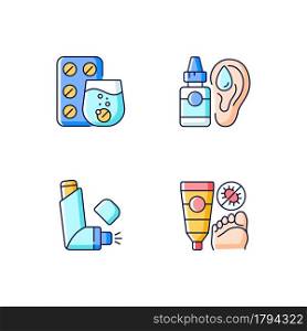 Improving disease symptoms RGB color icons set. Effervescent tablets. Antifungal cream. Ear drops. Preventing asthma attacks. Isolated vector illustrations. Simple filled line drawings collection. Improving disease symptoms RGB color icons set