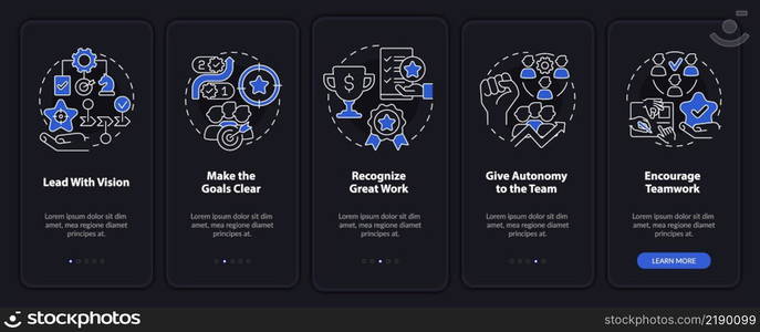 Improving employee wellness night mode onboarding mobile app screen. Walkthrough 5 steps graphic instructions pages with linear concepts. UI, UX, GUI template. Myriad Pro-Bold, Regular fonts used. Improving employee wellness night mode onboarding mobile app screen