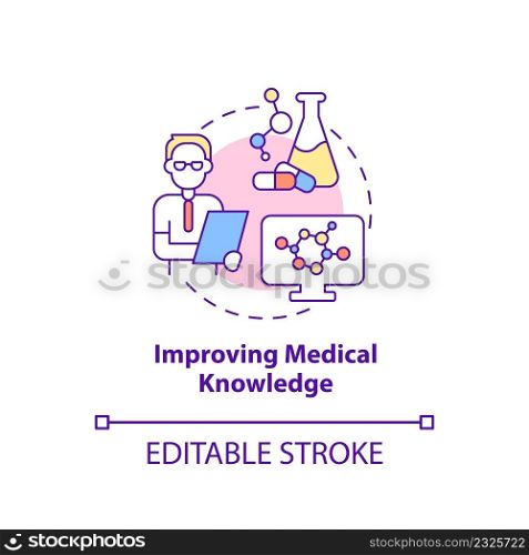 Improving medical knowledge concept icon. Clinical studies advantage for patients abstract idea thin line illustration. Isolated outline drawing. Editable stroke. Arial, Myriad Pro-Bold fonts used. Improving medical knowledge concept icon