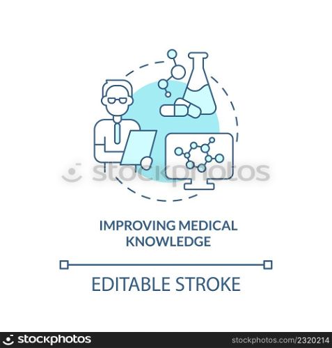 Improving medical knowledge turquoise concept icon. Clinical studies for patients abstract idea thin line illustration. Isolated outline drawing. Editable stroke. Arial, Myriad Pro-Bold fonts used. Improving medical knowledge turquoise concept icon