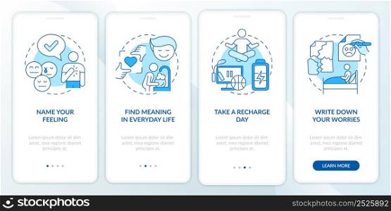 Improving mental health blue onboarding mobile app screen. Psychotherapy walkthrough 4 steps graphic instructions pages with linear concepts. UI, UX, GUI template. Myriad Pro-Bold, Regular fonts used. Improving mental health blue onboarding mobile app screen