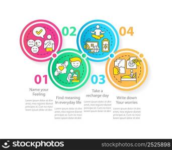 Improving mental health circle infographic template. Psychotherapy method. Data visualization with 4 steps. Process timeline info chart. Workflow layout with line icons. Myriad Pro-Regular font used. Improving mental health circle infographic template