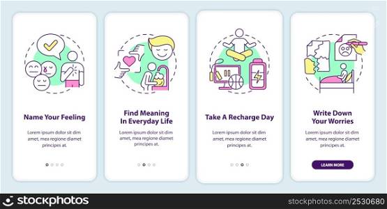Improving mental health onboarding mobile app screen. Psychotherapy walkthrough 4 steps graphic instructions pages with linear concepts. UI, UX, GUI template. Myriad Pro-Bold, Regular fonts used. Improving mental health onboarding mobile app screen