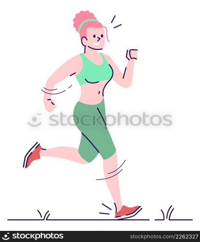 Improving mood with exercises semi flat RGB color vector illustration. Running figure. Everyday stress management. Smiling girl jogging in park isolated cartoon character on white background. Improving mood with exercises semi flat RGB color vector illustration