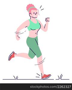 Improving mood with exercises semi flat RGB color vector illustration. Running figure. Everyday stress management. Smiling girl jogging in park isolated cartoon character on white background. Improving mood with exercises semi flat RGB color vector illustration