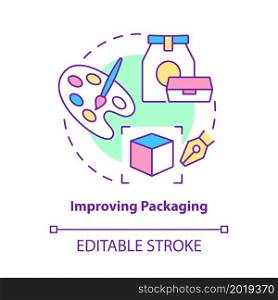 Improving packaging concept icon. Renovate visual appearance. Switch color. Change product design abstract idea thin line illustration. Vector isolated outline color drawing. Editable stroke. Improving packaging concept icon