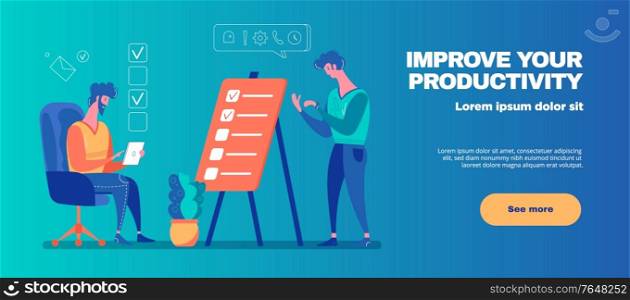 Improving productivity through effective time management horizontal gradient background web banner with marking completed tasks vector illustration