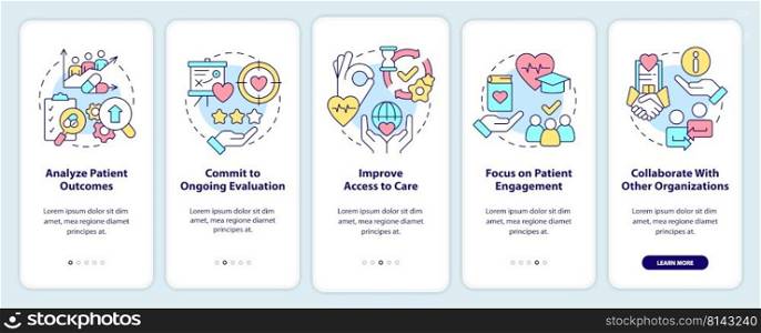 Improving quality of healthcare onboarding mobile app screen. Walkthrough 5 steps editable graphic instructions with linear concepts. UI, UX, GUI template. Myriad Pro-Bold, Regular fonts used. Improving quality of healthcare onboarding mobile app screen