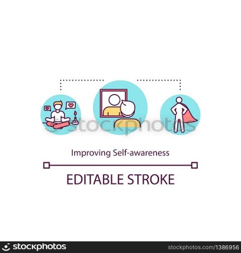 Improving self awareness concept icon. Positive mindset. Consciousness about individuality. Self image idea thin line illustration. Vector isolated outline RGB color drawing. Editable stroke. Improving self awareness concept icon