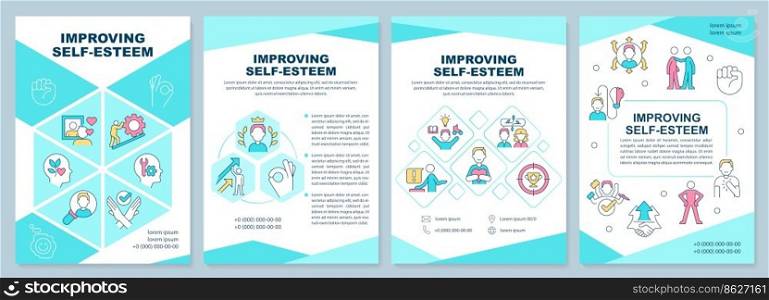 Improving self esteem turquoise brochure template. Confidence. Leaflet design with linear icons. Editable 4 vector layouts for presentation, annual reports. Arial-Black, Myriad Pro-Regular fonts used. Improving self esteem turquoise brochure template