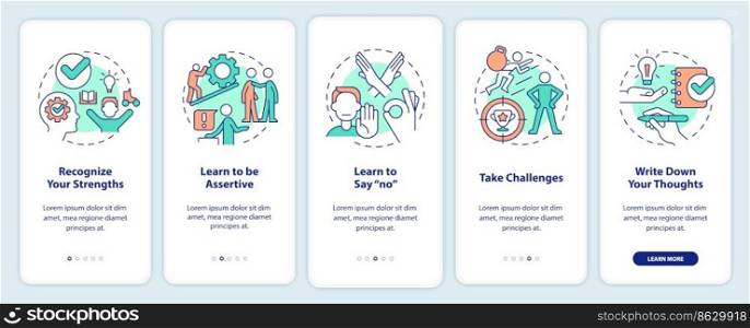 Improving self esteem ways onboarding mobile app screen. Walkthrough 5 steps editable graphic instructions with linear concepts. UI, UX, GUI template. Myriad Pro-Bold, Regular fonts used. Improving self esteem ways onboarding mobile app screen