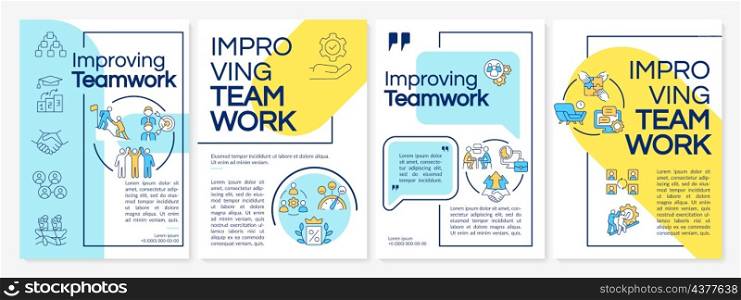 Improving teamwork blue and yellow brochure template. Booklet print design with linear icons. Vector layouts for presentation, annual reports, ads. Questrial-Regular, Lato-Regular fonts used. Improving teamwork blue and yellow brochure template