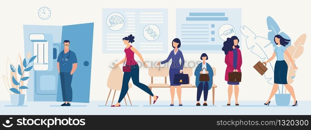 Impudent Woman Going in Doctor Office out of Queue. Indignant Female Visitor Trying to Stop Unmannered Client. Flat Cartoon Hospital Hall Interior. Man Therapist Waiting Patient. Vector Illustration. Woman Going in Doctor Office out of Queue Cartoon