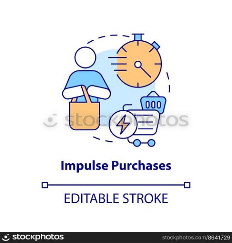 Impulse purchase concept icon. Buying behaviour. Unplanned shopping. Sales psychology abstract idea thin line illustration. Isolated outline drawing. Editable stroke. Arial, Myriad Pro-Bold fonts used. Impulse purchase concept icon