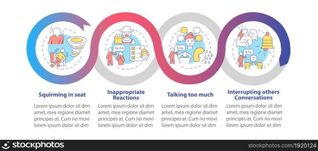 Impulsivity symptoms vector infographic template. Squirming in seat presentation outline design elements. Data visualization with 4 steps. Process timeline info chart. Workflow layout with line icons. Impulsivity symptoms vector infographic template
