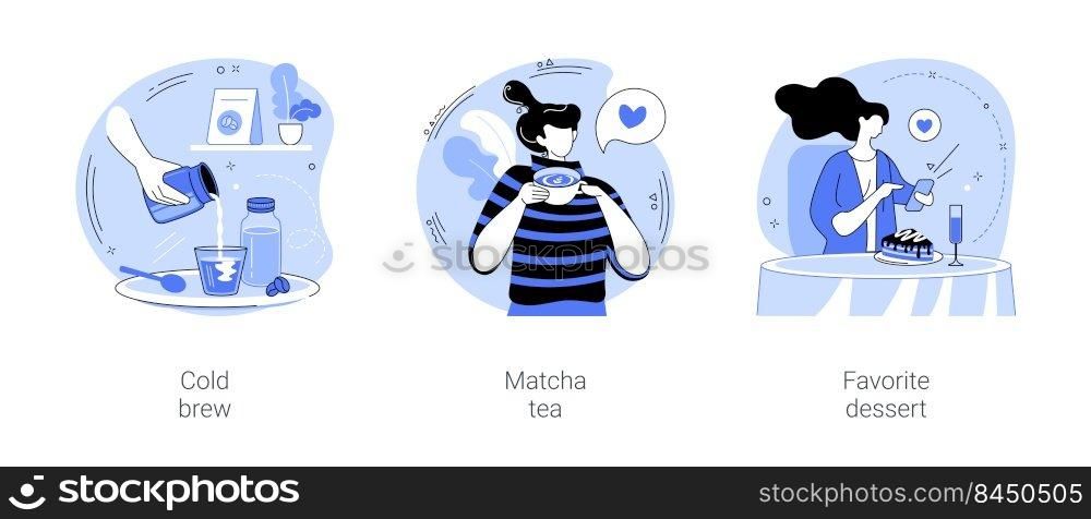 In a coffee shop isolated cartoon vector illustrations set. Barista making cold brew coffee, young girl drinking matcha tea in the cafe, taking pictures of dessert with smartphone vector cartoon.. In a coffee shop isolated cartoon vector illustrations se