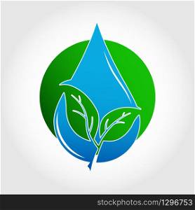 In a drop of water, two leaves of a plant are cut out on the background of a circle, a symbol of ecology. Logo, logo, or sticker for websites and apps. A logo is an emblem or sticker for websites, applications, postcards, or business cards