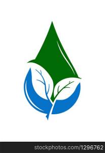 In a drop of water, two leaves of a plant are cut out, a symbol of ecology. Logo, logo, or sticker for websites and apps. A logo is an emblem or sticker for websites, applications, postcards, or business cards