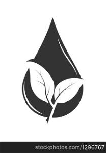 In a drop of water, two leaves of a plant are cut out, a symbol of ecology. Logo, logo, or sticker for websites and apps. A logo is an emblem or sticker for websites, applications, postcards, or business cards