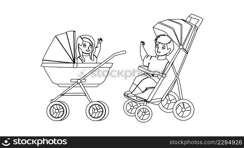 In Baby Carriage Sitting Toddler Children Black Line Pencil Drawing Vector. Happiness Little Boy And Girl Sit In Baby Carriage And Waving With Hand. Characters In Stroller Transportation Illustration. In Baby Carriage Sitting Toddler Children Vector