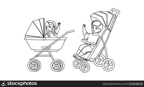 In Baby Carriage Sitting Toddler Children Black Line Pencil Drawing Vector. Happiness Little Boy And Girl Sit In Baby Carriage And Waving With Hand. Characters In Stroller Transportation Illustration. In Baby Carriage Sitting Toddler Children Vector