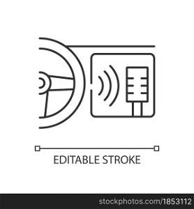 In-car voice control linear icon. Digital voice assistant. Advanced self-driving feature. Thin line customizable illustration. Contour symbol. Vector isolated outline drawing. Editable stroke. In-car voice control linear icon