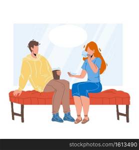 In Coffee House Customers Have Meeting Vector. Young Man And Woman Sitting In Coffee House Drinking Energy Drink And Discussing Together. Characters In Coffeehouse Flat Cartoon Illustration. In Coffee House Customers Have Meeting Vector