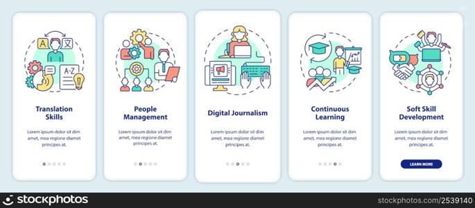 In demand additional skills onboarding mobile app screen. Translation walkthrough 5 steps graphic instructions pages with linear concepts. UI, UX, GUI template. Myriad Pro-Bold, Regular fonts used. In demand additional skills onboarding mobile app screen