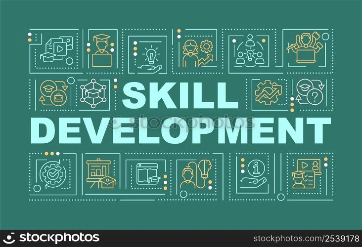 In demand skills for future word concepts dark green banner. Skilling training. Infographics with icons on color background. Isolated typography. Vector illustration with text. Arial-Black font used. In demand skills for future word concepts dark green banner