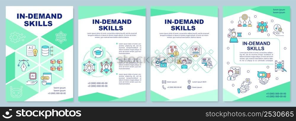 In demand skills mint brochure template. Learning for remote jobs. Leaflet design with linear icons. 4 vector layouts for presentation, annual reports. Arial-Black, Myriad Pro-Regular fonts used. In demand skills mint brochure template