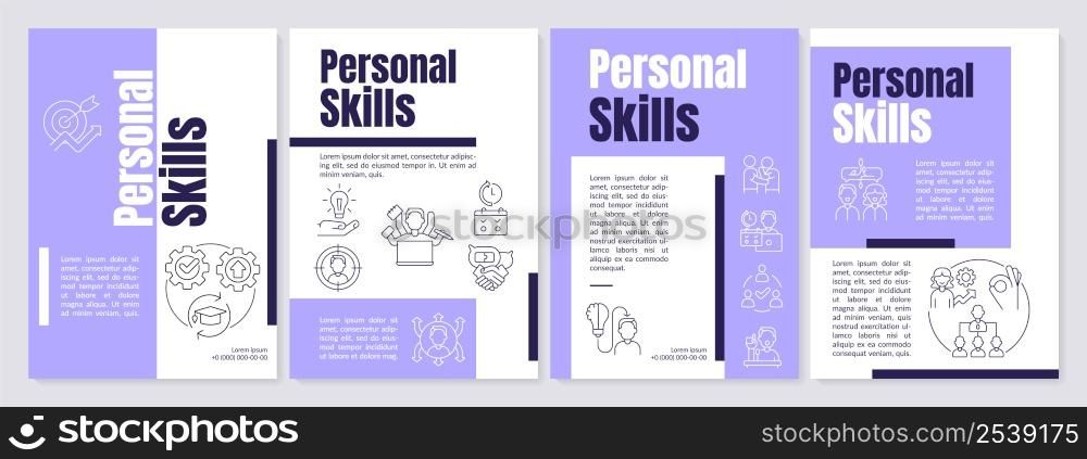 In demand soft skills purple brochure template. Professional communication. Leaflet design with linear icons. 4 vector layouts for presentation, annual reports. Anton, Lato-Regular fonts used. In demand soft skills purple brochure template