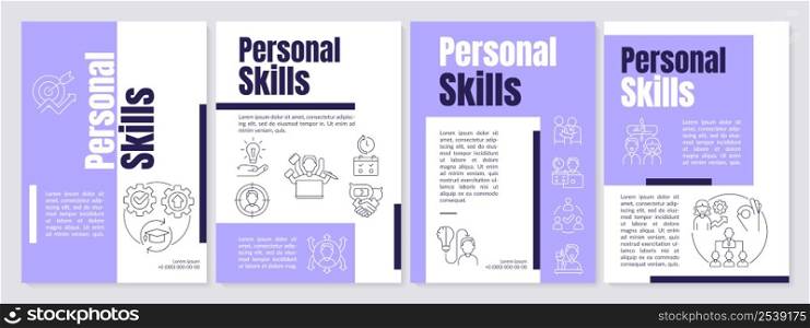 In demand soft skills purple brochure template. Professional communication. Leaflet design with linear icons. 4 vector layouts for presentation, annual reports. Anton, Lato-Regular fonts used. In demand soft skills purple brochure template