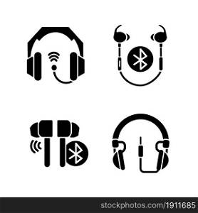 In ear and on ear headphones black glyph icons set on white space. Wired headset for professional music mastering. Wireless earpieces for calls. Silhouette symbols. Vector isolated illustration. In ear and on ear headphones black glyph icons set on white space