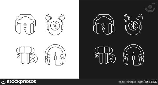 In ear and on ear headphones linear icons set for dark and light mode. Wireless earpieces for calls. Customizable thin line symbols. Isolated vector outline illustrations. Editable stroke. In ear and on ear headphones linear icons set for dark and light mode