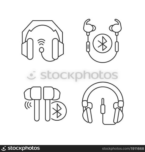 In ear and on ear headphones linear icons set. Wired headset for professional music mastering. Customizable thin line contour symbols. Isolated vector outline illustrations. Editable stroke. In ear and on ear headphones linear icons set